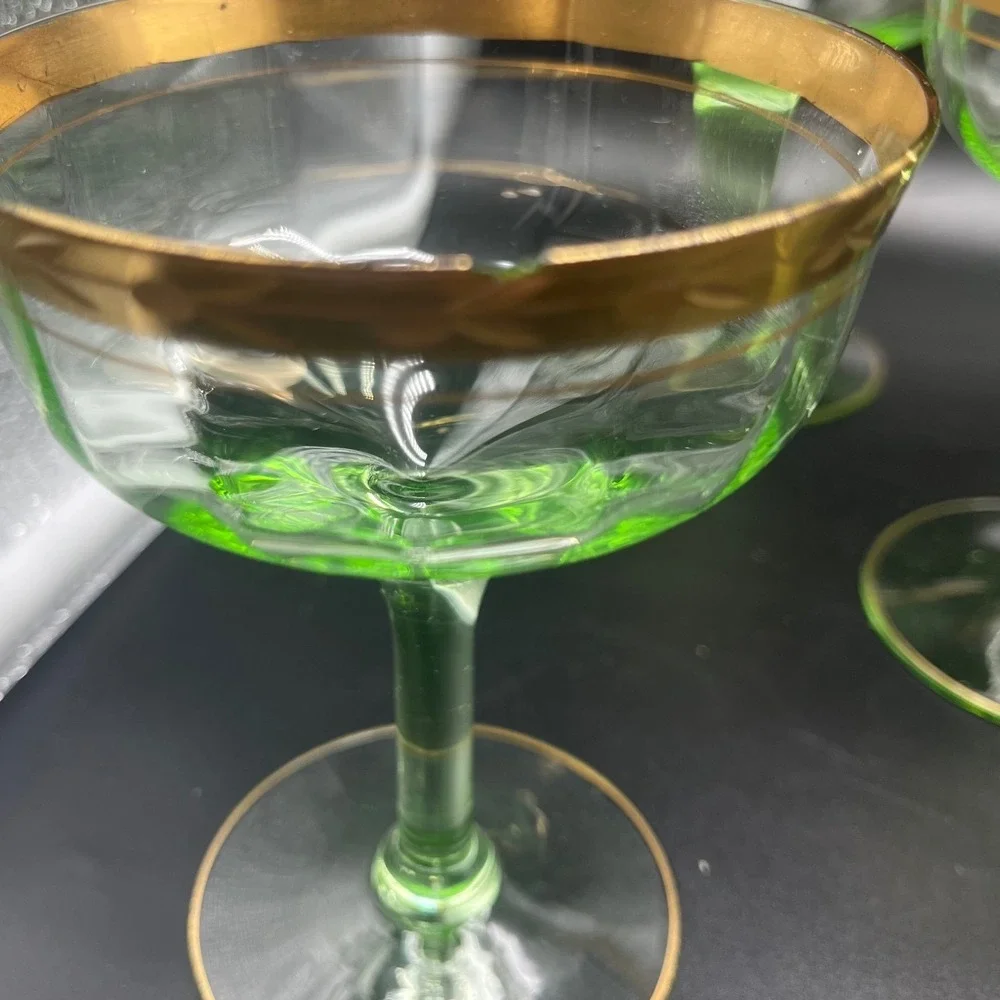 Vtg‎ Gold Rimmed Green Cocktail sherbet Glasses Vaseline Uranium 30's set 5 READ